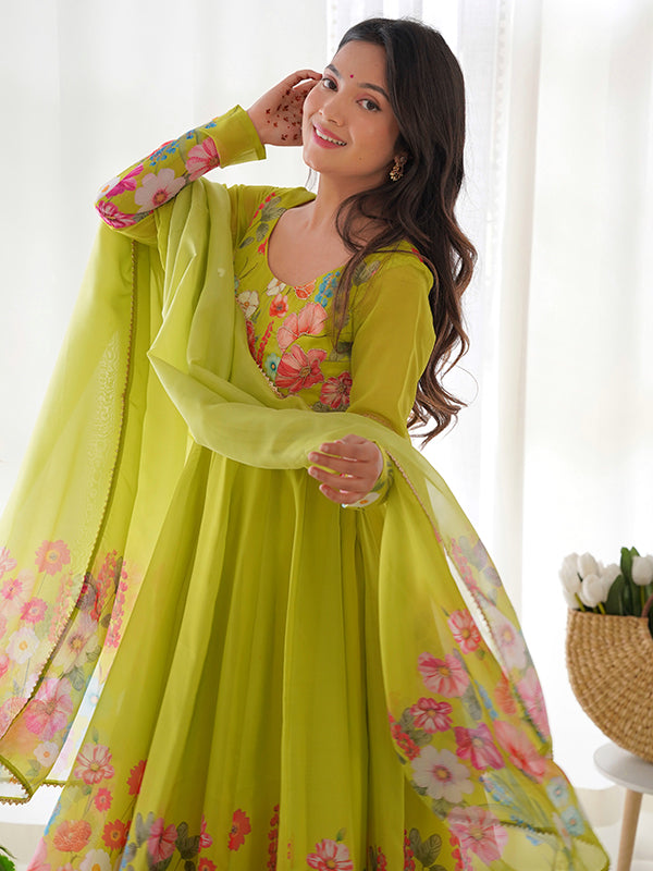 Flower Green Printed Anarkali Gown With Pant & Dupatta Set