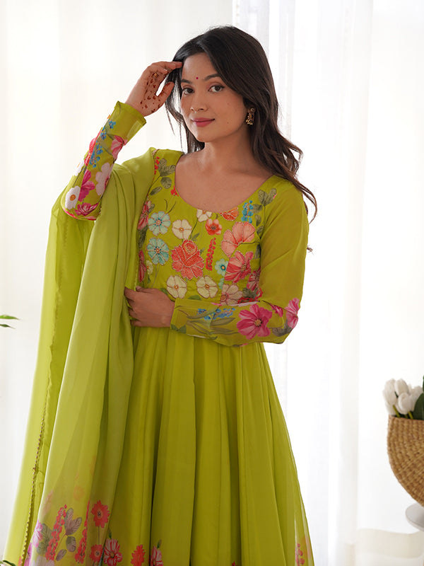 Flower Green Printed Anarkali Gown With Pant & Dupatta Set