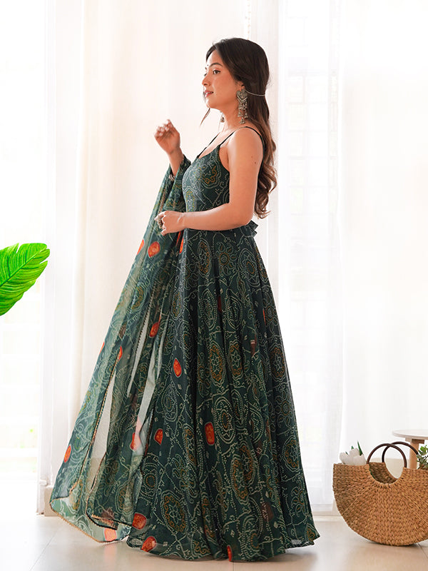 Bandhej Green Chiffon Printed Gown With Pant & Dupatta Set