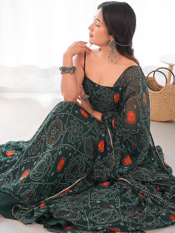 Bandhej Green Chiffon Printed Gown With Pant & Dupatta Set