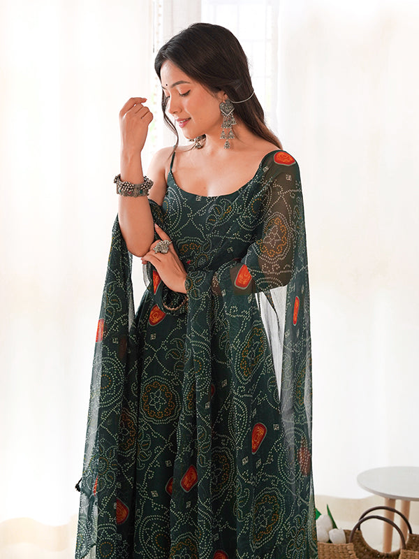 Bandhej Green Chiffon Printed Gown With Pant & Dupatta Set