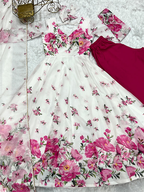 White Pink Flower Organza Printed Anarkali Kurti With Pant & Dupatta Set