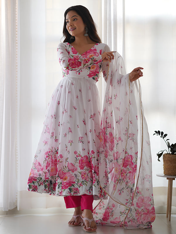 White Pink Flower Organza Printed Anarkali Kurti With Pant & Dupatta Set