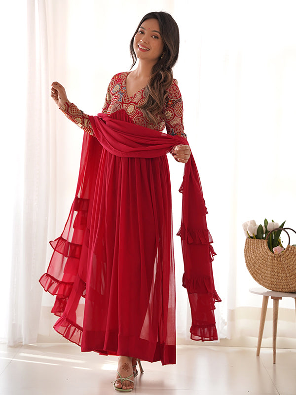 Red Designer Anarkali Gown With Pant & Dupatta Set