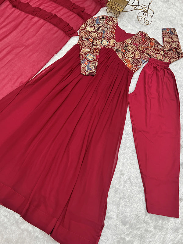 Red Designer Anarkali Gown With Pant & Dupatta Set