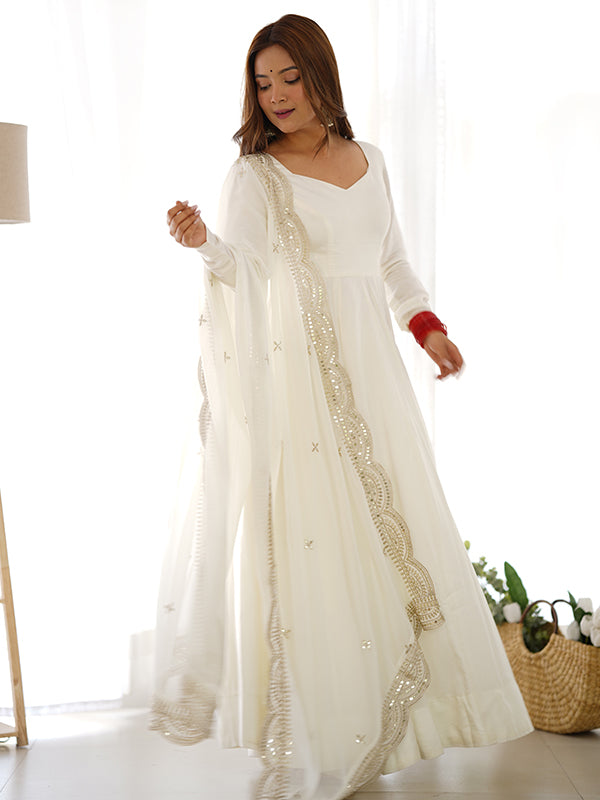 Chanderi Silk Off White Anarkali Gown With Pant & Dupatta Set