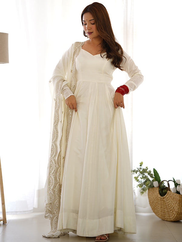 Chanderi Silk Off White Anarkali Gown With Pant & Dupatta Set