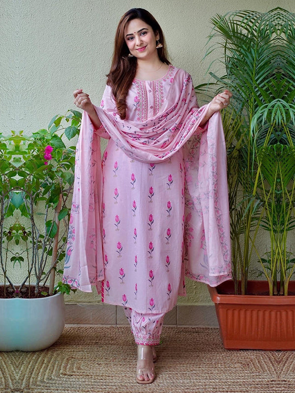 Baby Pink Cotton Afghani Kurti With Pant & Dupatta Set – Niharika Shop