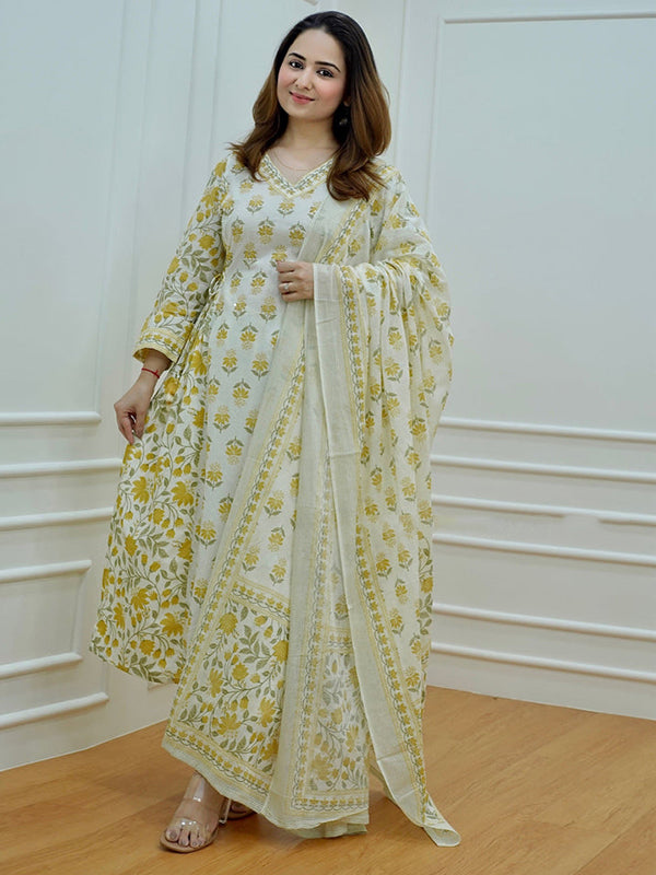 Yellow Cotton Afghani Kurti With Pant & Dupatta Set