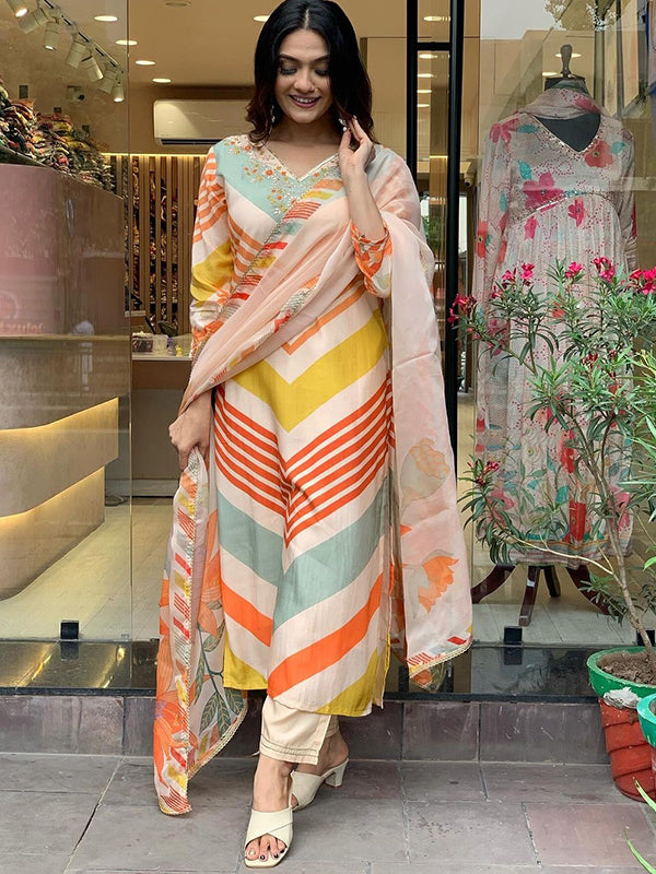 Orange Chinon Lining Kurti With Palazzo & Dupatta Set