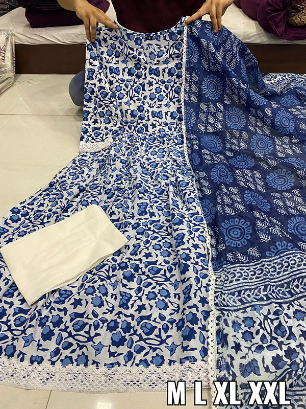 Blue Cotton Printed Kurti With Pant & Dupatta Set