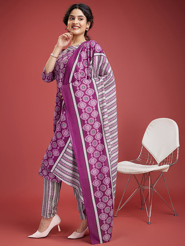 Dark Pink Cotton Printed Kurti With Pant & Dupatta Set