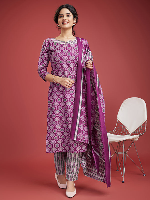 Dark Pink Cotton Printed Kurti With Pant & Dupatta Set