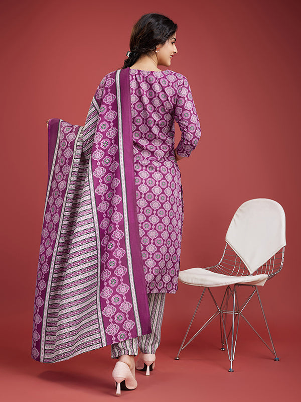 Dark Pink Cotton Printed Kurti With Pant & Dupatta Set