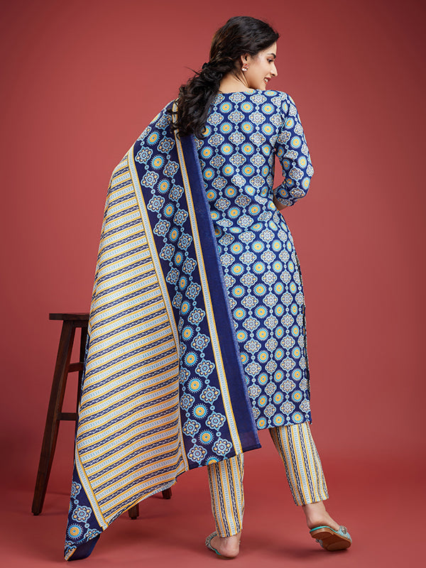 Dark Blue Cotton Printed Kurti With Pant & Dupatta Set