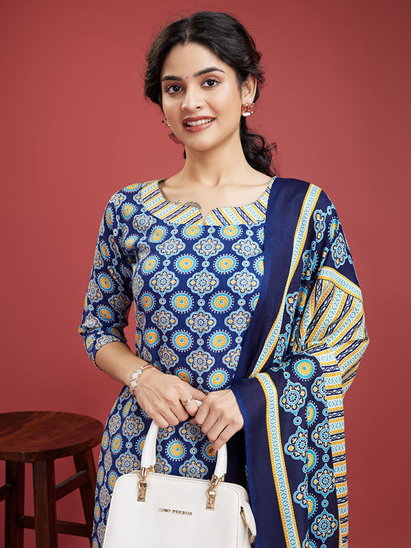 Dark Blue Cotton Printed Kurti With Pant & Dupatta Set