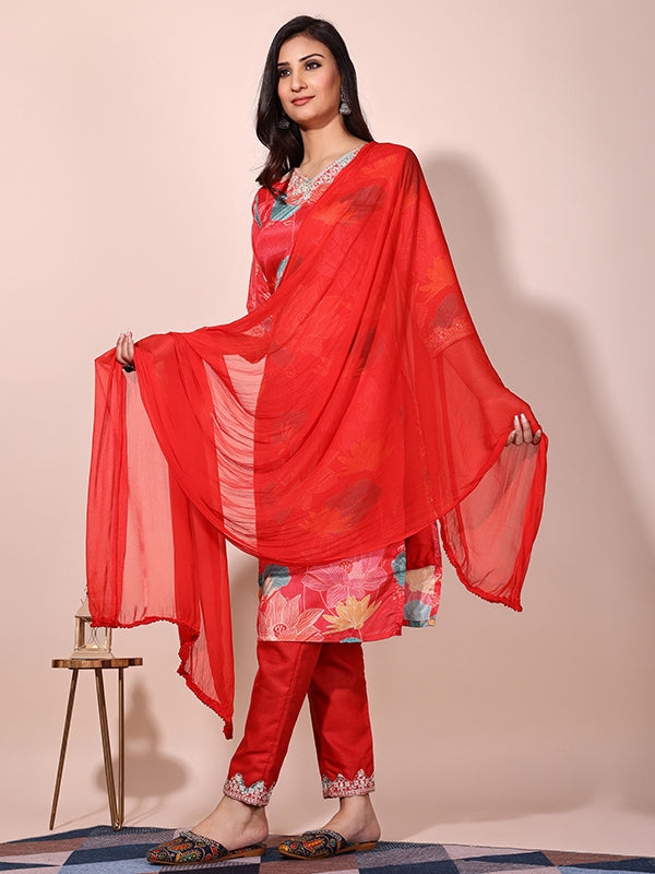 Red Floral Printed Kurti With Pant & Dupatta Set