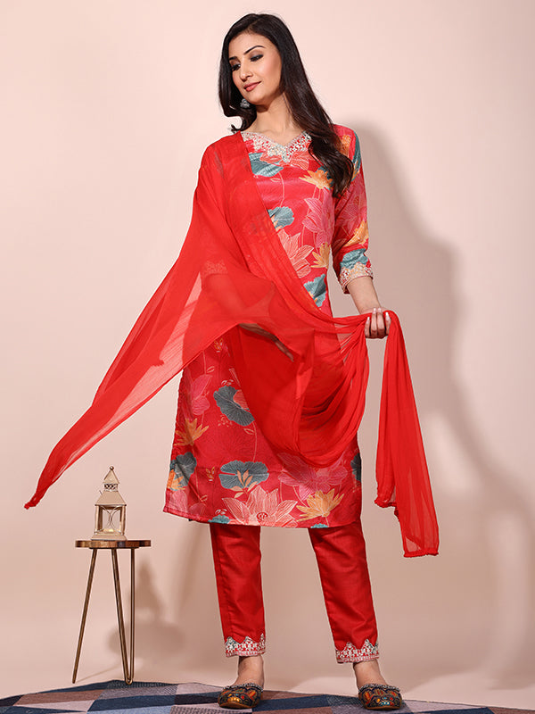 Red Floral Printed Kurti With Pant & Dupatta Set