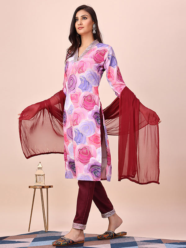 Pink Floral Printed Kurti With Pant & Dupatta Set