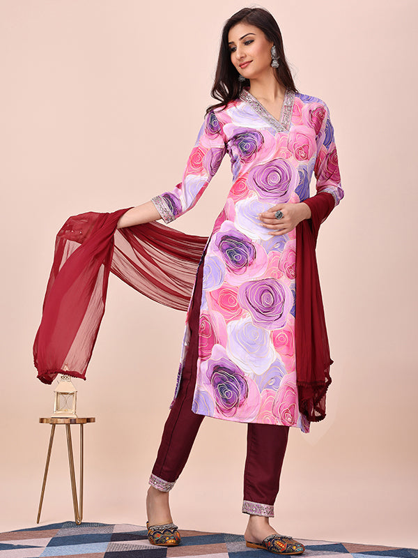 Pink Floral Printed Kurti With Pant & Dupatta Set