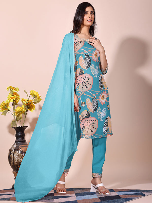 Floral Sky Printed Kurti With Pant & Dupatta Set