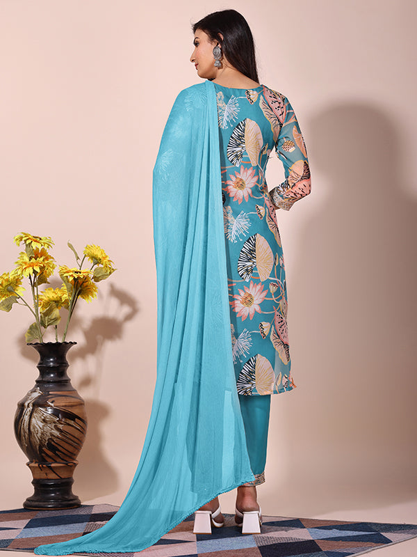 Floral Sky Printed Kurti With Pant & Dupatta Set