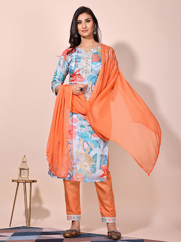 Orange Sky Floral Printed Kurti With Pant & Dupatta Set