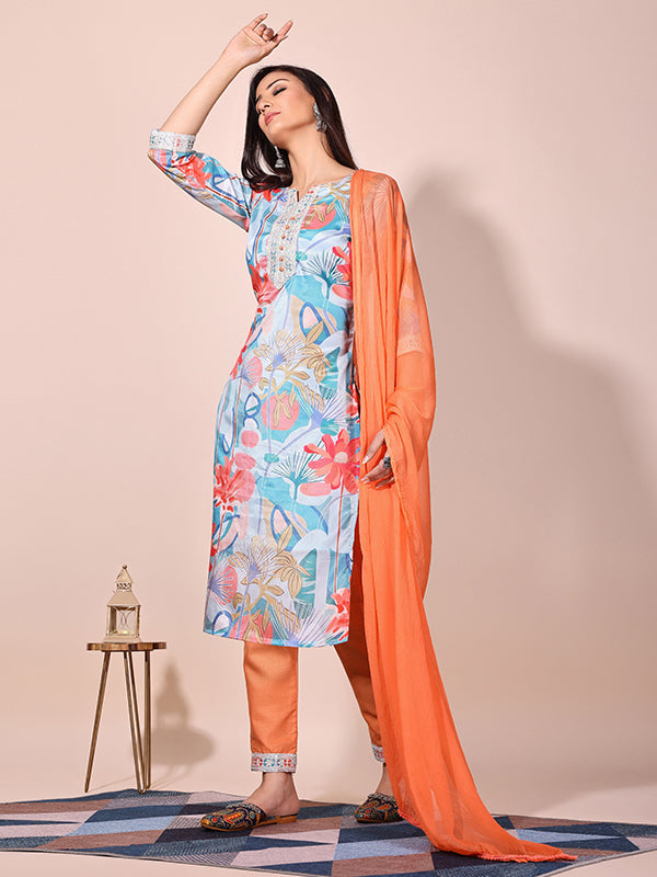 Orange Sky Floral Printed Kurti With Pant & Dupatta Set