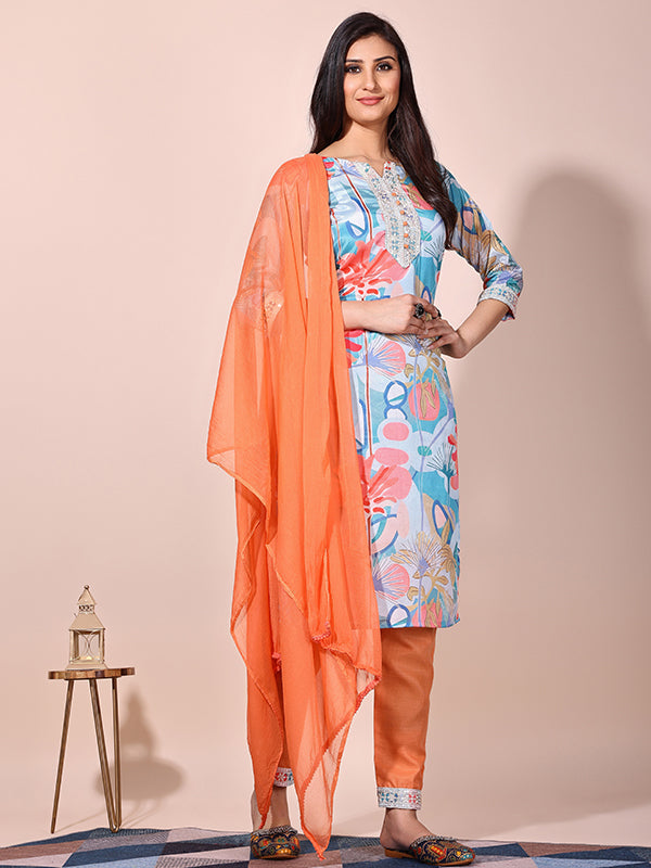 Orange Sky Floral Printed Kurti With Pant & Dupatta Set