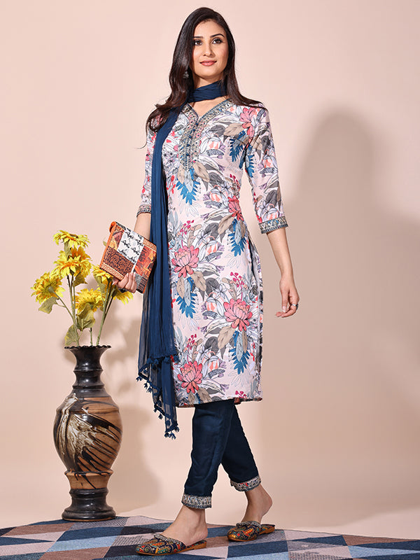 White Blue Floral Printed Kurti With Pant & Dupatta Set