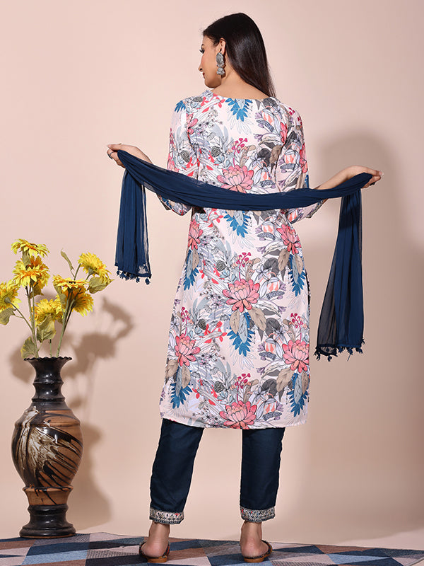 White Blue Floral Printed Kurti With Pant & Dupatta Set