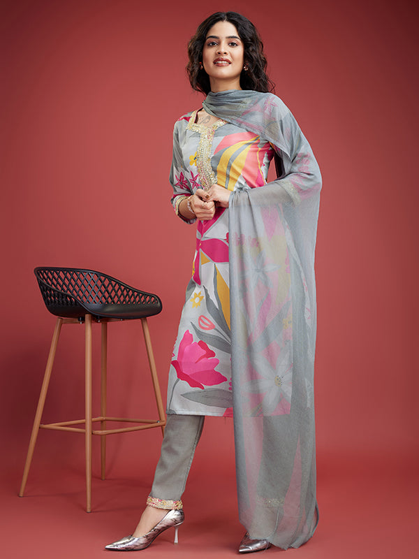 Pink Grey Floral Printed Kurti With Pant & Dupatta Set