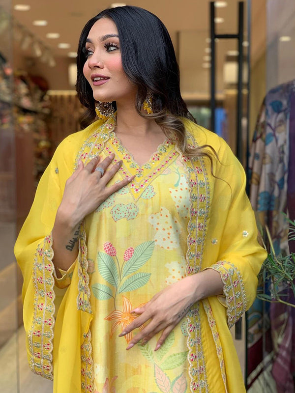 Yellow Viscose Printed Kurti With Pant & Dupatta Set