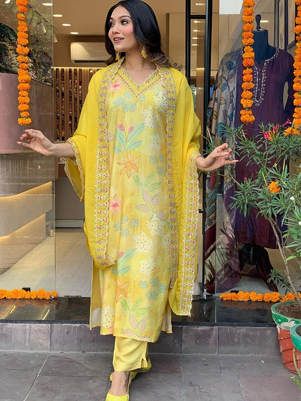 Yellow Viscose Printed Kurti With Pant & Dupatta Set