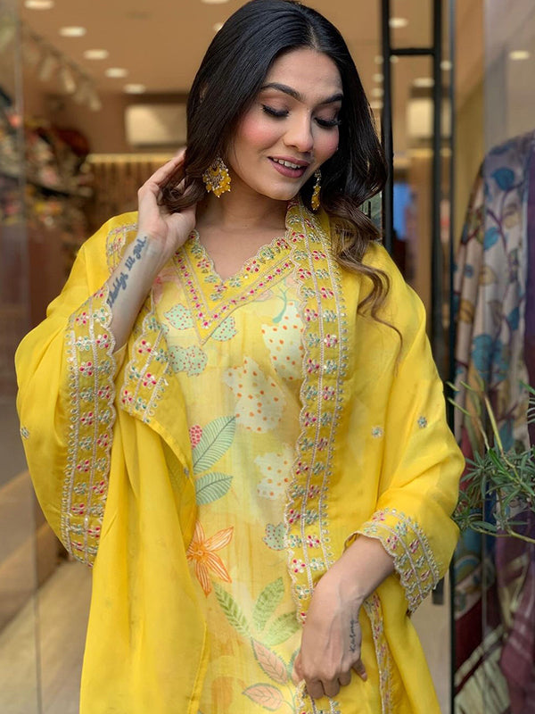 Yellow Viscose Printed Kurti With Pant & Dupatta Set