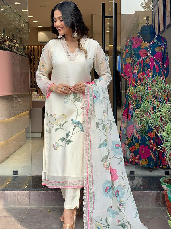 White Organza Printed Kurti With Pant & Dupatta Set