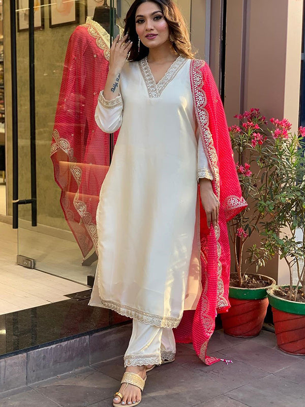 Viscose Off White Embroidered Kurti With Pant & Dupatta Set