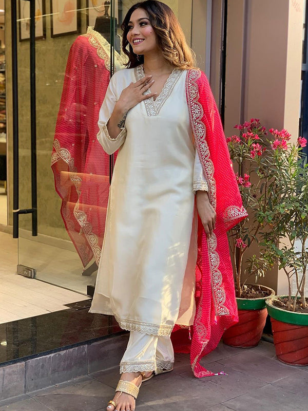 Viscose Off White Embroidered Kurti With Pant & Dupatta Set