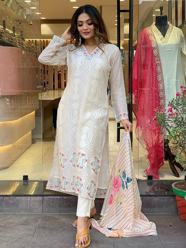 White Taby Printed Kurti With Pant & Dupatta Set