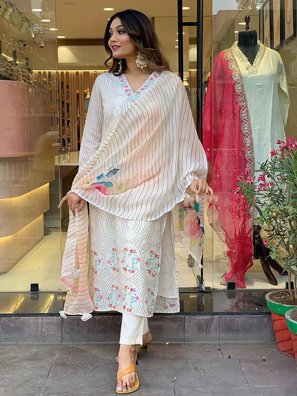 White Taby Printed Kurti With Pant & Dupatta Set