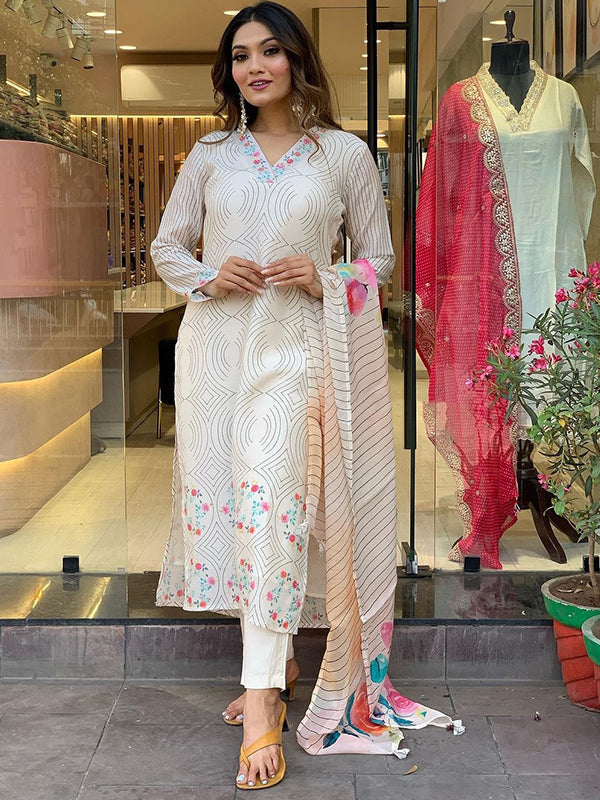 White Taby Printed Kurti With Pant & Dupatta Set