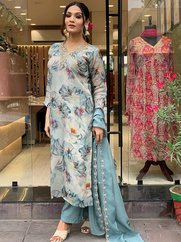 Sky Grey Taby Printed Kurti With Pant & Dupatta Set