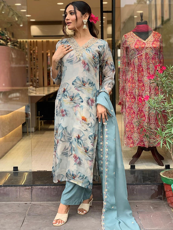 Sky Grey Taby Printed Kurti With Pant & Dupatta Set