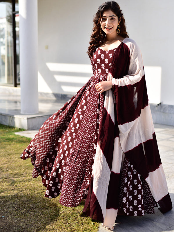 Coffee Maroon Anarkali Kurta With Dupatta Set