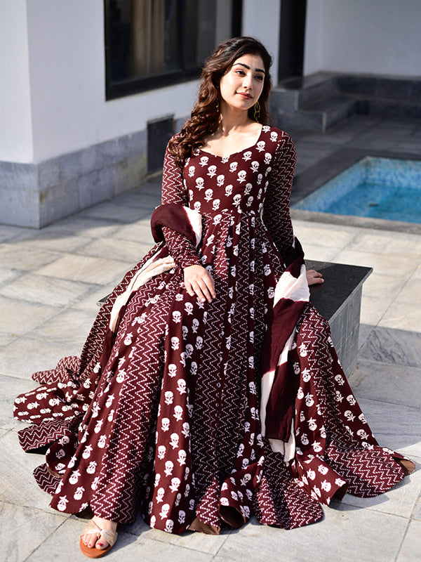 Coffee Maroon Anarkali Kurta With Dupatta Set