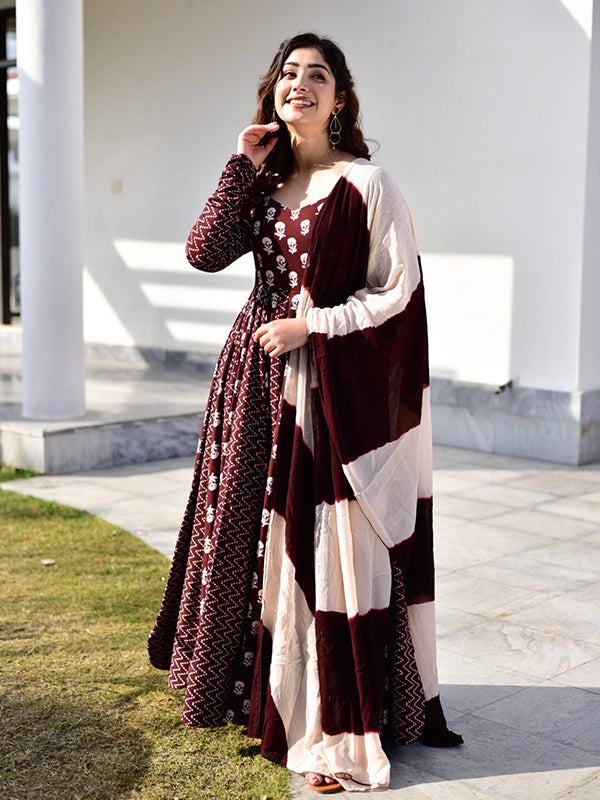 Coffee Maroon Anarkali Kurta With Dupatta Set