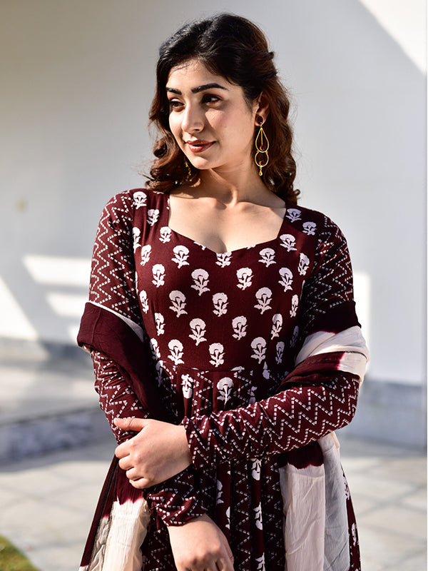 Coffee Maroon Anarkali Kurta With Dupatta Set