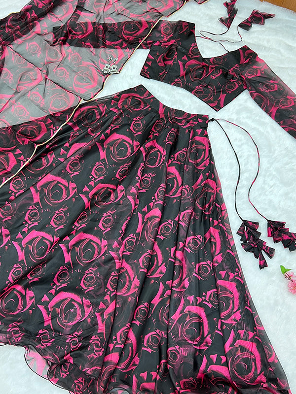 Black Pink Rose Printed Organza Silk Lehenga Choli