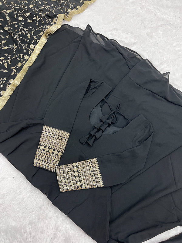 Black Anarkali Georgette Gown With Golden Dupatta Set