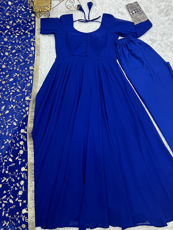 Royal Blue Anarkali Georgette Gown With Golden Dupatta Set